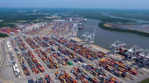 Photo of shipping containers in port