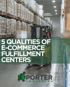 Warehouse with forklift and text: 5 qualities of e-commerce fulfillment centers