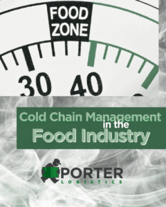 Cold chain management in the food industry in front of thermometer, cold steam and porter logistics logo