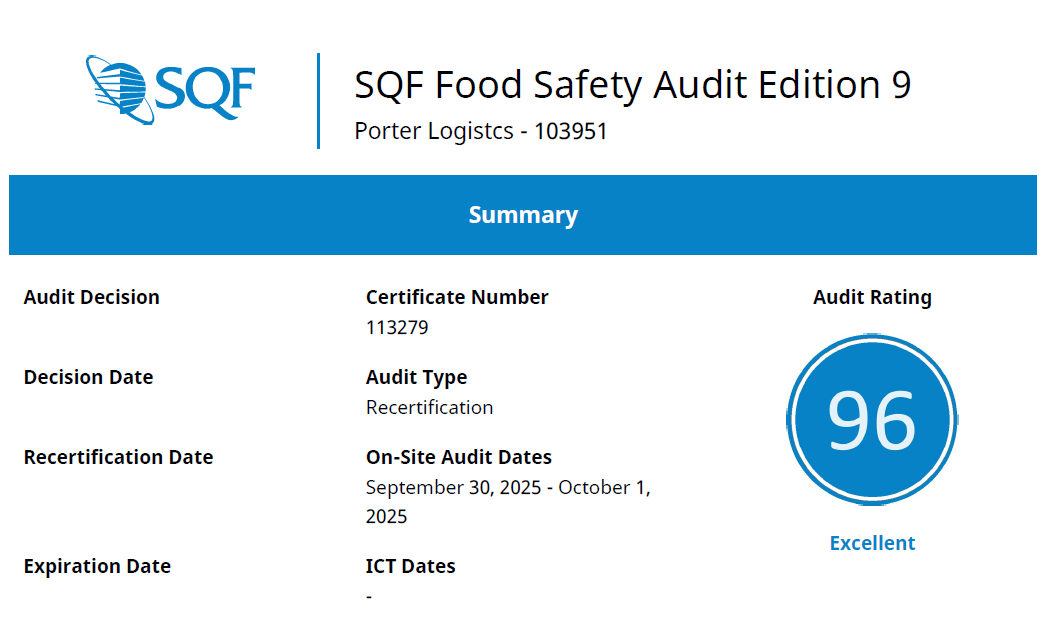 Porter Logistics Earns SQF Certification with an Excellent Score