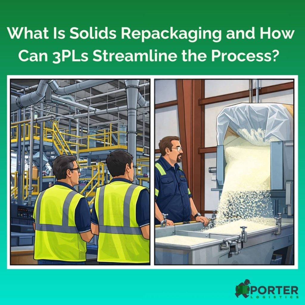 What is solids repackaing with two side-by-side cartoon images of warehouse workers in a repackaging facility