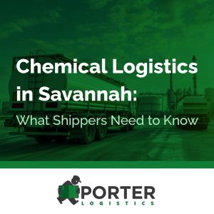 Chemical logistics in Savannah featuring tanker trucks at an industrial chemical facility with storage tanks and refinery structures in the background.