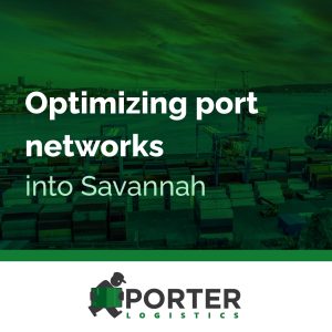 Optimizing port in Savannah and warehousing operations, showing a container port with stacked shipping containers, cranes, and waterfront infrastructure.