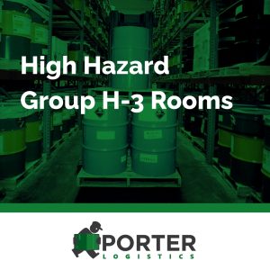 H3 occupancy hazardous materials storage warehouse with chemical drums on industrial shelving, illustrating High Hazard Group H-3 occupancy requirements for safe storage and handling.